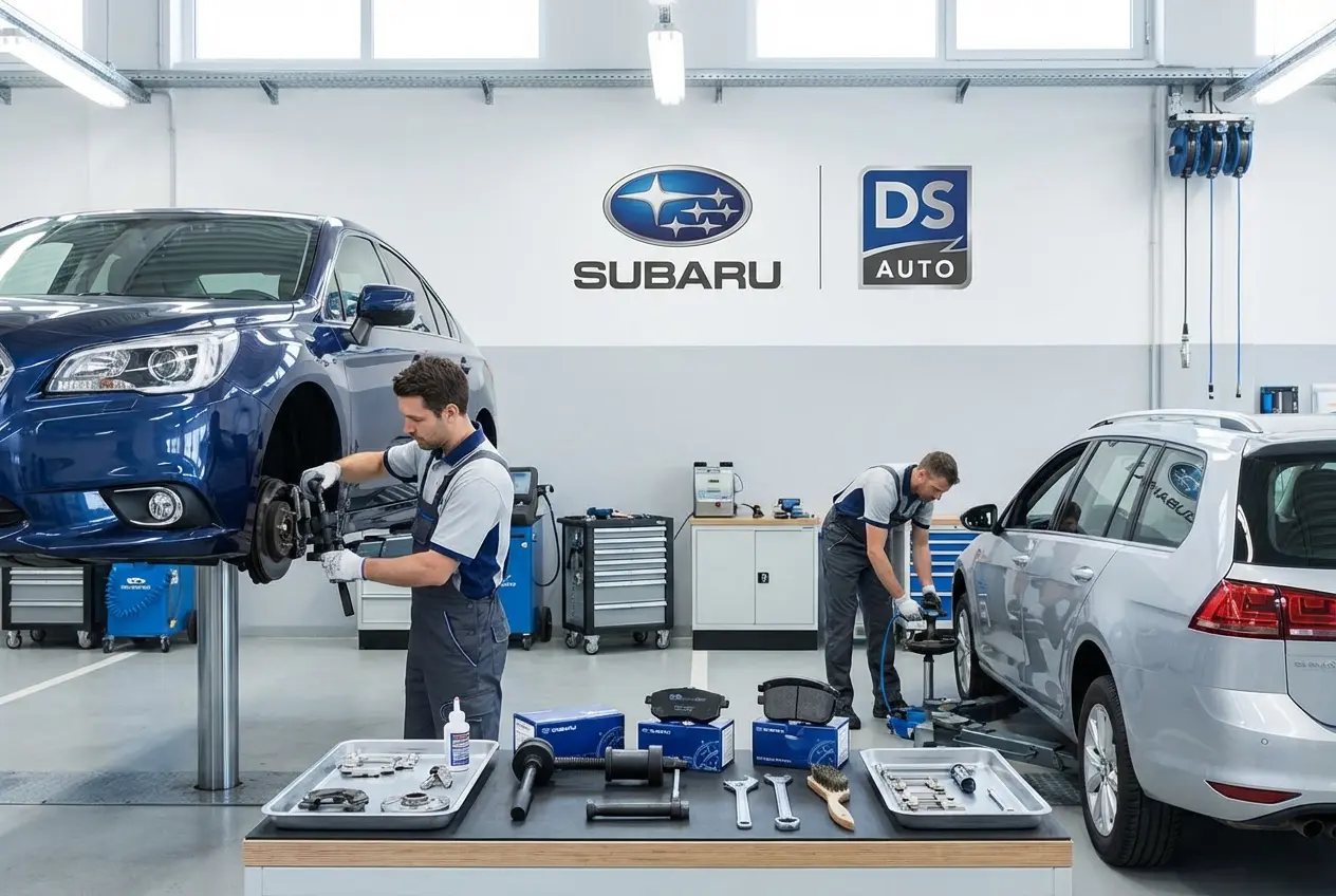 Процесс замены передних тормозных колодок Subaru в автосервисе DS Auto в Жуковском

