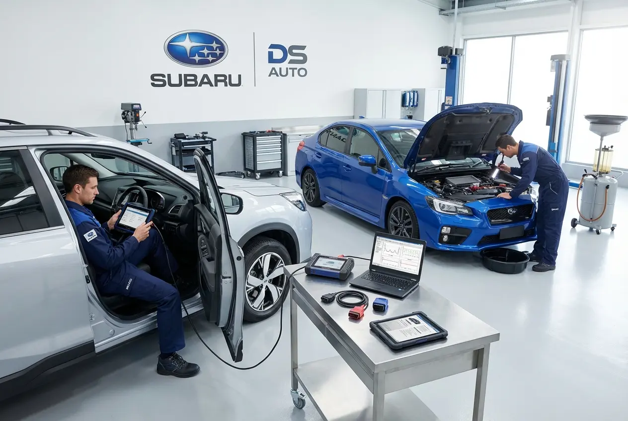 Диагностическое оборудование подключено к автомобилю Subaru в автосервисе DS Auto Жуковский
